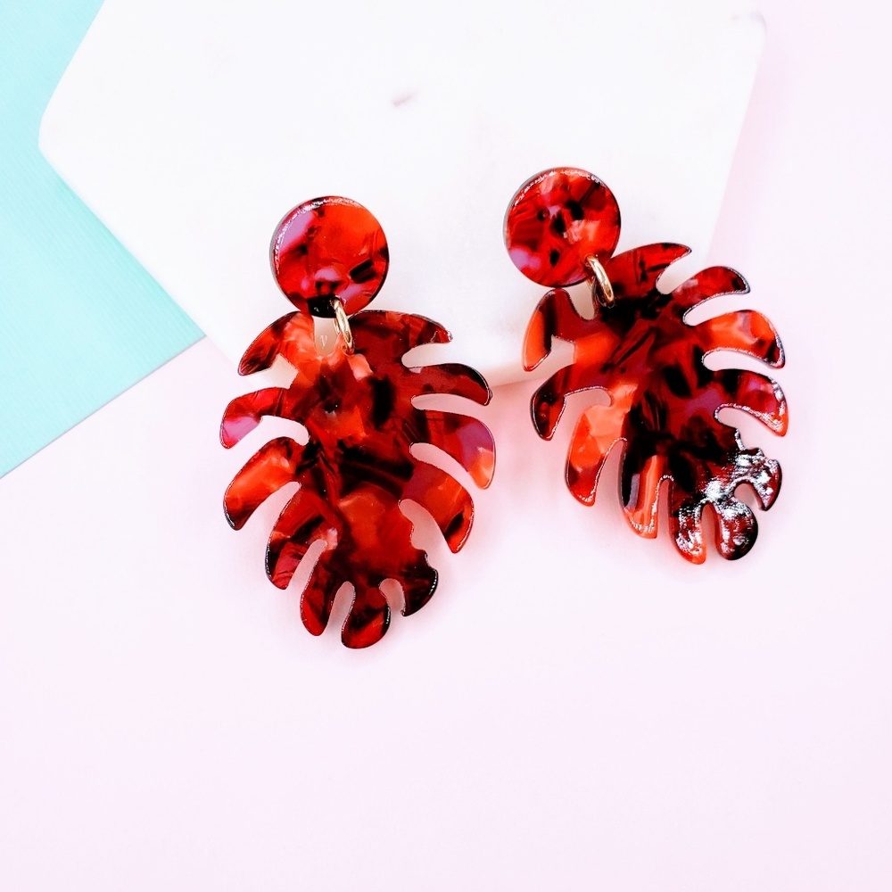 5 for $25 Red Palm Leaf Acrylic Resin Earrings - Picture 2 of 6